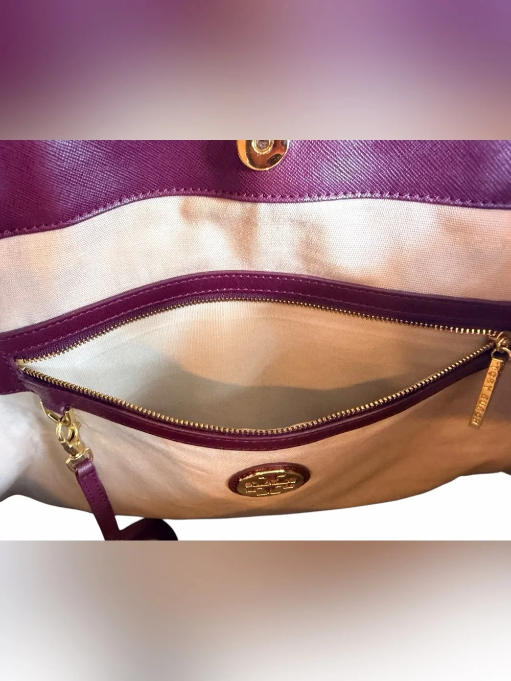 Tory Burch Burgundy Pebbled Leather Tote Gold Hardware Zip Top Bag